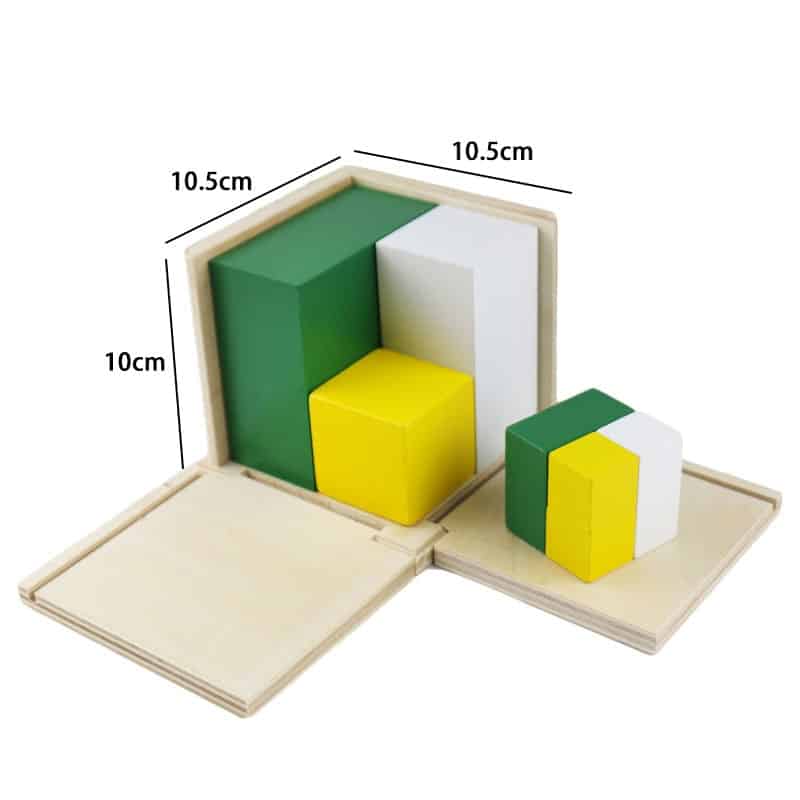 Un Cube d'Apprentissage des Volumes dans une boîte avec des mesures.
