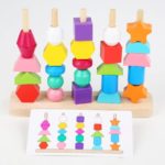 A set of coloured wooden blocks and a card for the Shape Matching Game.
