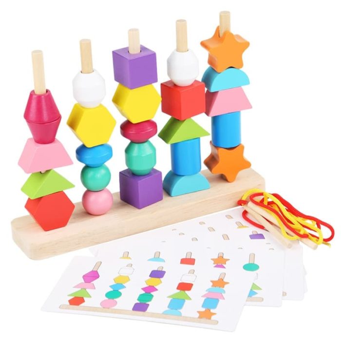 A wooden Shape Matching toy with shapes and coloured cards.