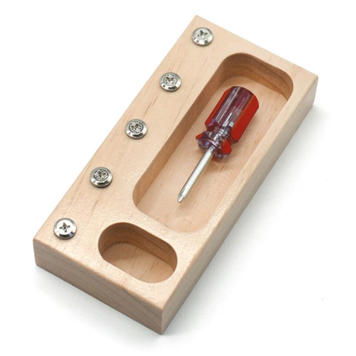A wooden tool holder with a screwdriver, specially designed for children, as part of Vissers' Real Tools for Kids.