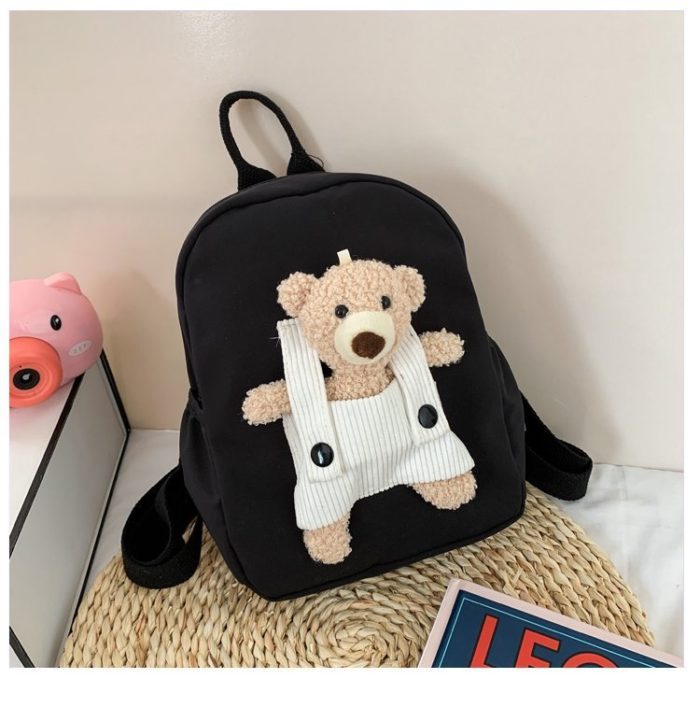 A Personalized Teddy Bear Backpack for Boys and Girls in black.