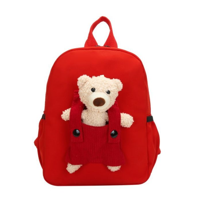Personalized teddy bear backpack for boys and girls in red with a teddy bear on the front pocket.