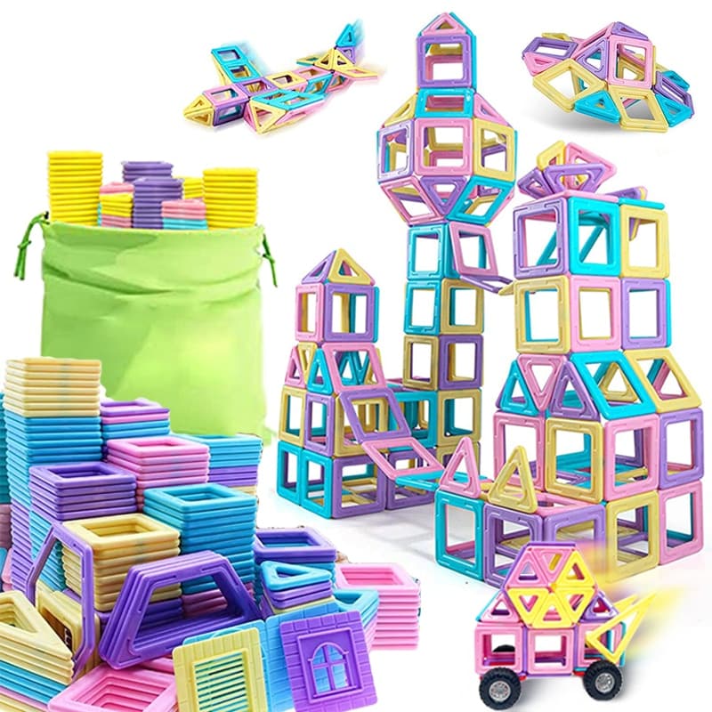 A colorful set of magnetic building blocks with a bag.