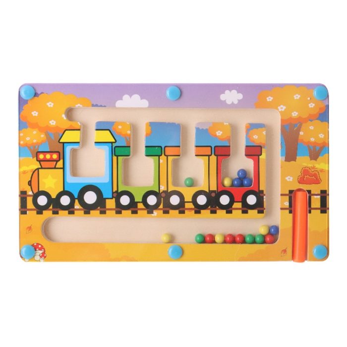 A wooden train toy with colorful beads and a Magnetic Wooden Labyrinth - Montessori Puzzle.