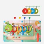 A wooden board with a caterpillar and numbers on it, serving as a Magnetic Wooden Labyrinth - Montessori Puzzle.