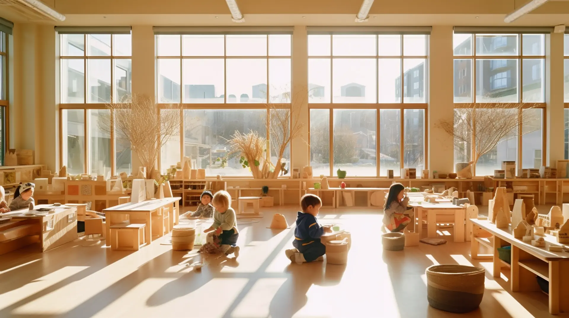 Die Kinder nehmen an einer Montessori-Aktivität in einem mit Holztischen und -stühlen ausgestatteten Raum teil.