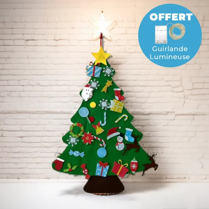 Un Sapin de Noël en Feutre - 26 Pièces de Décoration + Guirlande Lumineuse - 95cm avec des décorations et des lumières.