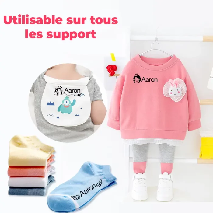Ein Set von Stempeln Vorname Kleidung - Schnell und beständig gegen +1000 Wäschen Babykleidung und Socken.