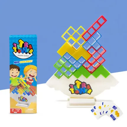 Eine Spielzeugkiste mit einem Tetra-Turm - Balance-Stapelspiel und einem stapelbaren Balance-Spiel.
