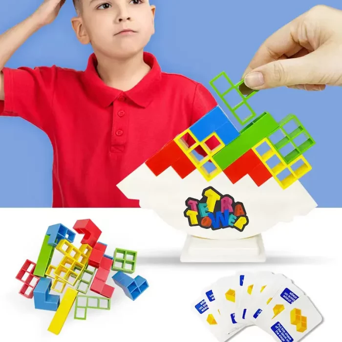 A child plays with the Tetra Tower - Balance Stacking Game.