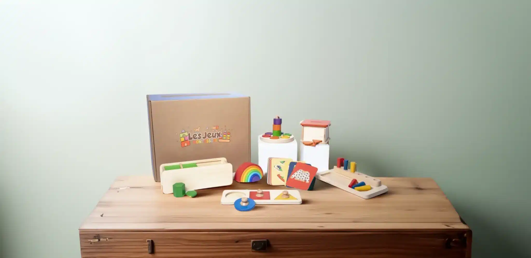 Ein Montessori-Tisch zeigt eine Holzkiste, die mit Spielzeug gefüllt ist.