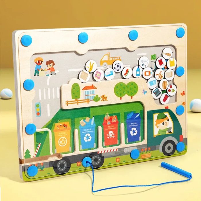 A wooden board with a picture of a garbage truck.