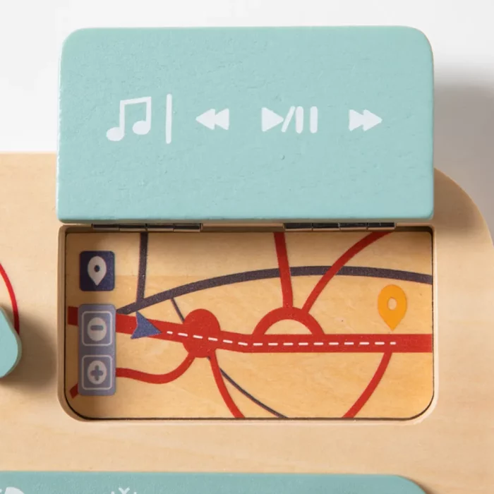 A wooden toy with musical notes and a map.