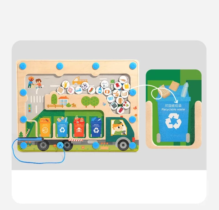 A wooden board with a photo of a recycling truck.