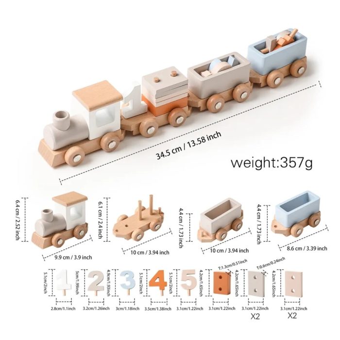 A wooden toy train in different sizes and weights.