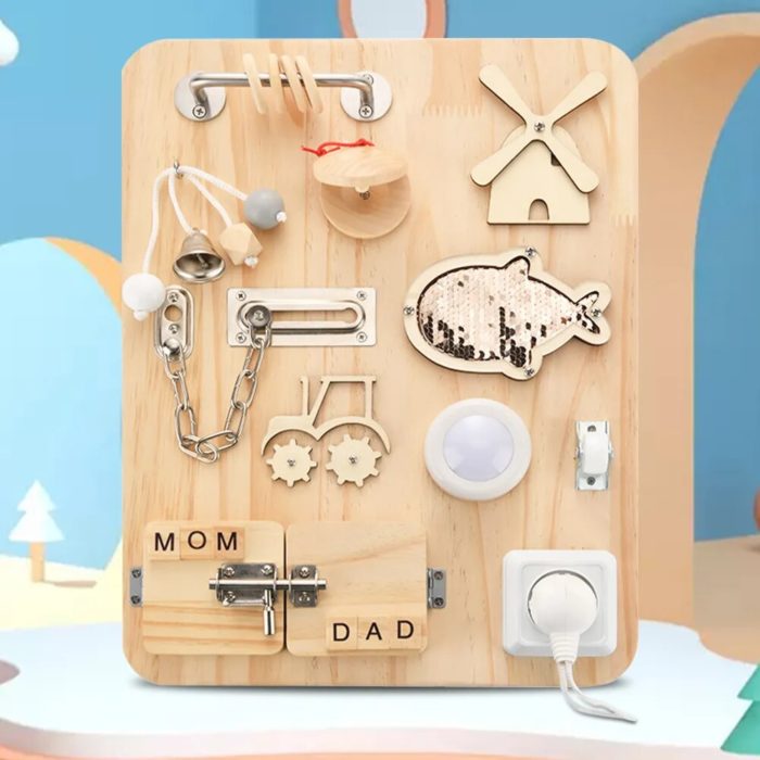 A wooden board on which various objects are placed.