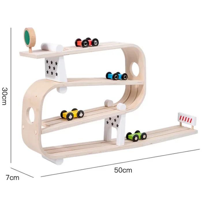A wooden toy car track with a wooden car on it.