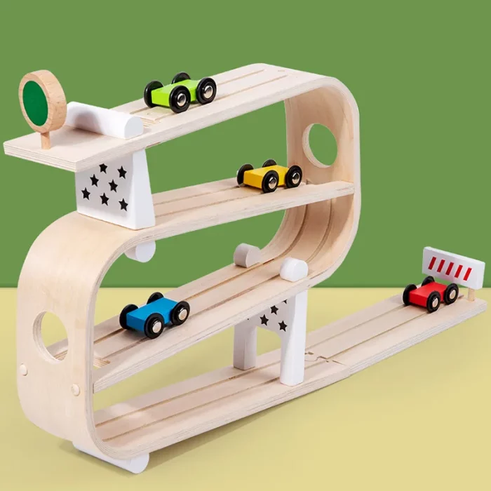 A wooden racetrack with cars.
