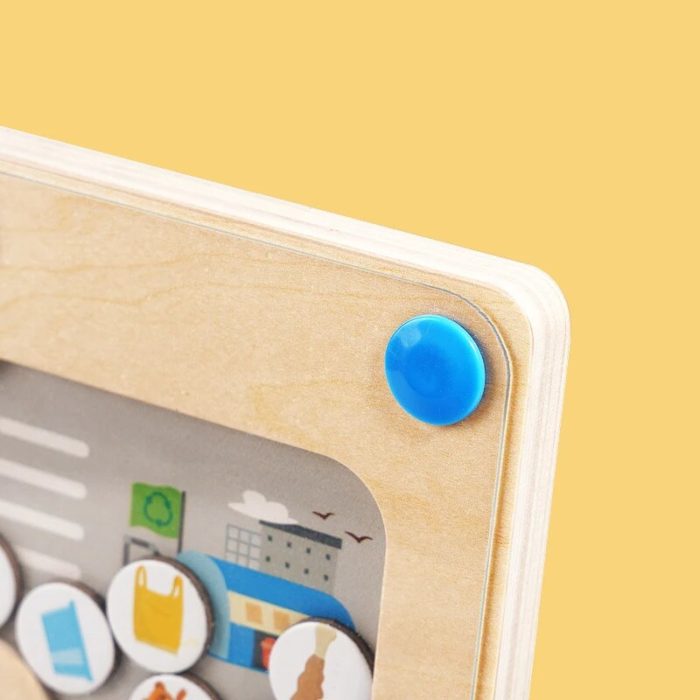 A wooden board with buttons on it.