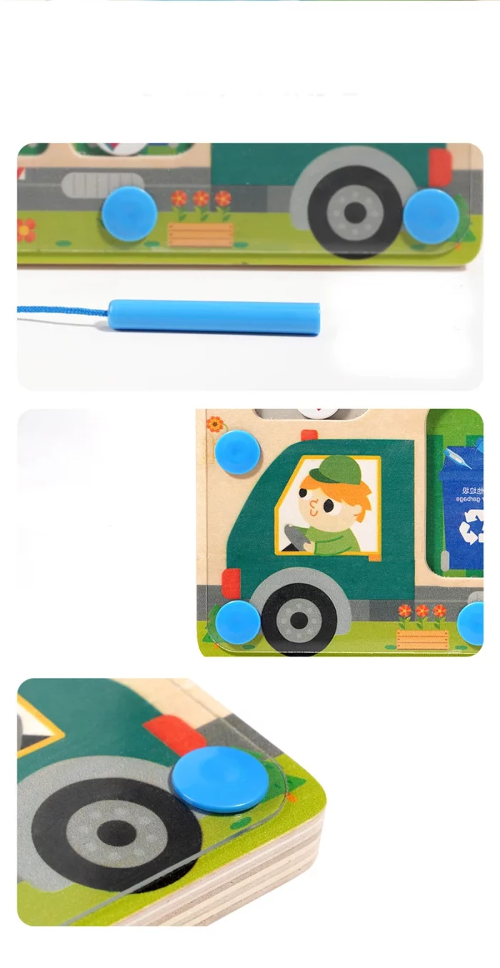 Une photo d'un jouet en bois avec un camion dessus.