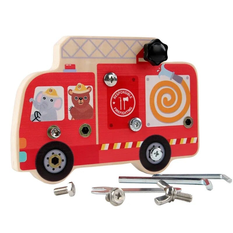 A wooden toy fire engine with screws and bolts.