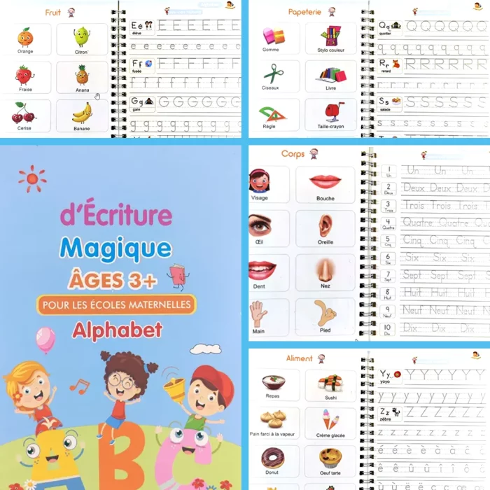 A children's alphabet book with pictures and words, offered with the Cahier Magique | Improve your children's handwriting in 10 days | Offered: 1 Pen + 1 Grip + 5 Magic Ink Refills.
