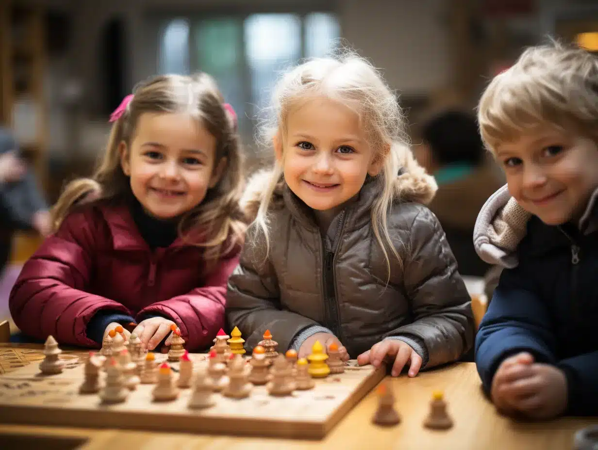 Trois enfants jouent aux échecs dans une salle de classe en utilisant des jeux éducatifs Montessori.