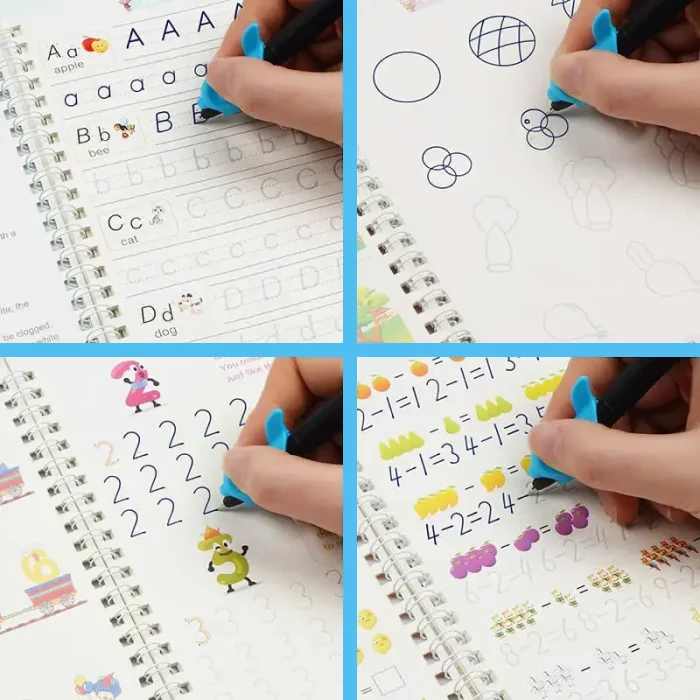 A child uses the Magic Notebook "Improve your children's handwriting in 10 days" to improve his handwriting by using a pen and drawing on the pages.