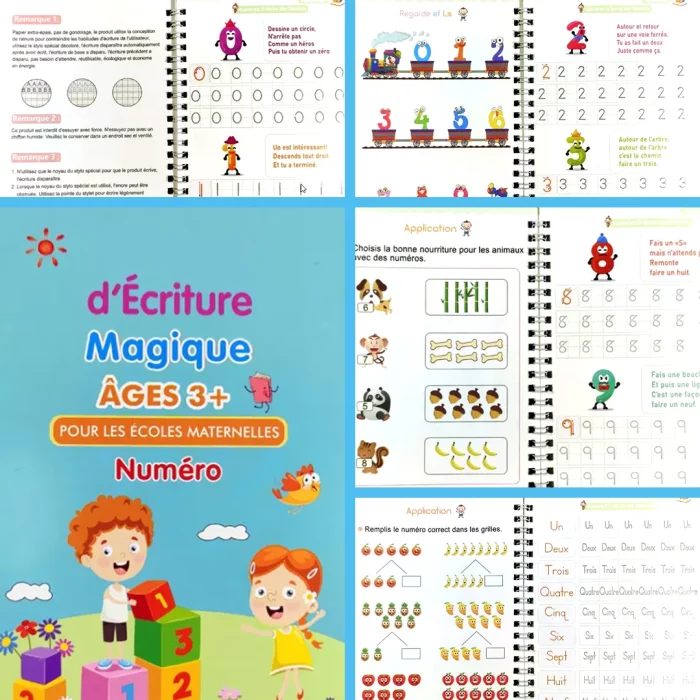 Un Cahier Magique | Améliorez l'écriture de vos enfants en 10 jours | Offert : 1 Stylo + 1 Grip + 5 Recharges d'Encre Magique avec photos d'enfants et chiffres.