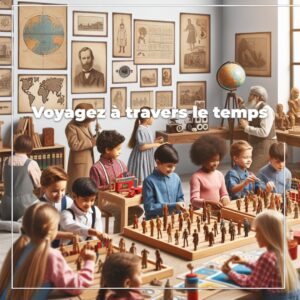 Enfants jouant dans une salle de classe à thème historique avec des expositions éducatives et un texte indiquant « Voyagez à travers le temps » sur l'image.