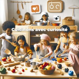 Des enfants cuisinent joyeusement ensemble à une table remplie de divers légumes et ustensiles, avec des icônes d'émojis ludiques au-dessus d'eux et le texte français « Cuisinons avec curiosité » affiché.