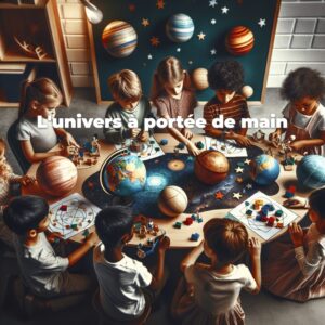 Enfants assis autour d'une table sur le thème de l'espace avec des maquettes de planètes et du matériel pédagogique. Texte français : "L'univers à portée de main.