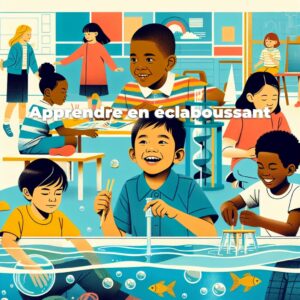 Des enfants participent à des activités d'apprentissage pratiques avec de l'eau dans une salle de classe colorée. Le texte dit : « Apprendre en éclaboussant.