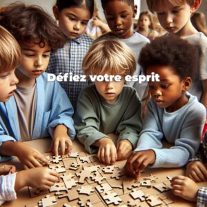 Les enfants se sont concentrés sur l'assemblage d'un puzzle en bois avec le texte « Défiez votre esprit » au-dessus d'eux.