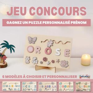 Annonce de concours pour un puzzle de prénom personnalisé. Comprend une image du puzzle avec des lettres et des formes d'animaux. Mentionne des modèles personnalisables comme Maxime, Cruz, Isabella, Romeo et Logan.