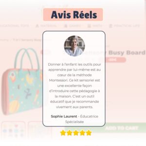 Avis d'un client présentant une personne aux cheveux courts vantant un kit éducatif Montessori comme un outil permettant aux parents d'enseigner à la maison. La note de cinq étoiles est affichée ci-dessous.