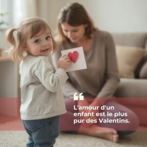 Un enfant souriant tient une carte avec un cœur rouge, tandis qu'une femme est assise sur le sol en arrière-plan. Le texte français dit : « L'amour d'un enfant est le plus pur des Valentins.