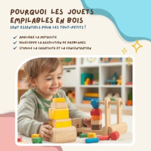 Un enfant joue avec des jouets en bois à empiler sur un tapis coloré, entouré de blocs et de jouets colorés. Le texte en français met en évidence les bienfaits de ces jouets pour la motricité et la créativité.