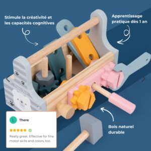 Coffre à outils en bois avec outils et formes colorées. Le texte met en valeur ses avantages cognitifs et moteurs, adapté aux enfants de 1 an et plus, fabriqué en bois naturel durable.