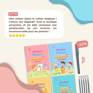 Cahiers d'écriture colorés pour enfants avec stylos à encre escamotable, avec illustrations ludiques et étiquetés pour les enfants de 3 ans et plus. L'affichage comprend une étiquette de réduction « -33 % ».