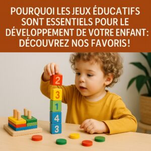 Un jeune enfant empile des blocs de bois numérotés sur une table, avec des jouets éducatifs à proximité. Le texte français ci-dessus traite de l'importance des jeux éducatifs pour le développement de l'enfant.