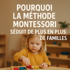 Une jeune fille joue avec des blocs de bois colorés à une table. Le texte au-dessus de l'image indique : "Pourquoi la méthode Montessori séduit de plus en plus de familles".