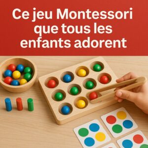 La main d'un enfant utilise des pinces pour placer des boules de couleur dans un tableau de tri Montessori en bois, avec des cartes correspondantes et des chevilles de couleur à proximité.