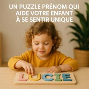 Un jeune enfant dispose des lettres en bois colorées épelant "LUCIE" sur un tableau de puzzle, avec une légende en français au-dessus.