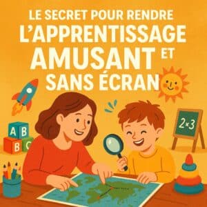 Deux enfants étudiant joyeusement une carte à une table, entourés de jouets éducatifs, avec un texte en français promouvant l'apprentissage ludique sans écran.