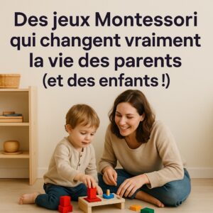 Une femme et un jeune enfant sont assis par terre et jouent avec des jouets Montessori. Une étagère en bois contenant des jouets est visible à l'arrière-plan.