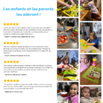 Un collage montre des enfants et des adultes en train de cuisiner avec des ustensiles sécuritaires du « Couteaux Enfant - Kit de Cuisine 13 pièces » pour trancher et garnir. Comprend des critiques écrites faisant l'éloge de l'expérience.