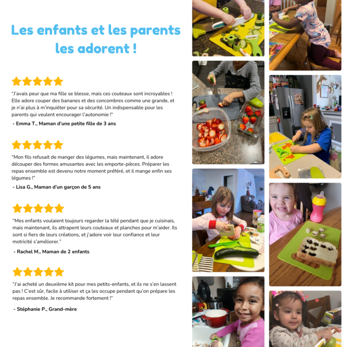 Un collage montre des enfants et des adultes en train de cuisiner avec des ustensiles sécuritaires du « Couteaux Enfant - Kit de Cuisine 13 pièces » pour trancher et garnir. Comprend des critiques écrites faisant l'éloge de l'expérience.