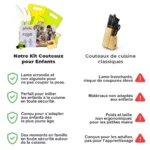 La comparaison met en évidence la différence entre les « Couteaux Enfant - Kit de Cuisine 13 pièces » aux lames émoussées et sans danger pour les enfants et les couteaux de cuisine classiques dotés de bords tranchants et à risques, ornés d'icônes d'avertissement.