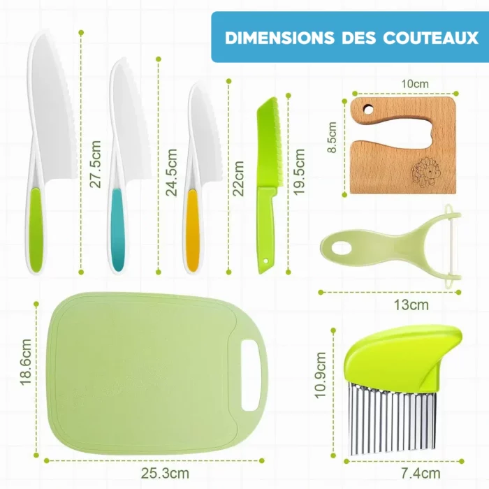 Image montrant les dimensions de divers ustensiles de cuisine, dont des couteaux, un éplucheur, une planche à découper et un coupe-légumes ondulés, avec des mesures annotées en centimètres. L'ensemble comprend même le Couteau Enfant de l'Ensemble de Cuisine 13 pièces - dès 2 ans pour une utilisation sûre et facile par les jeunes chefs.